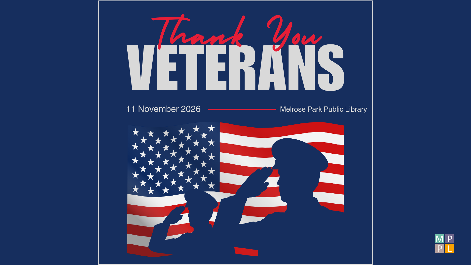 Blue Background with Two Soldiers Saluting in Front of the American Flag