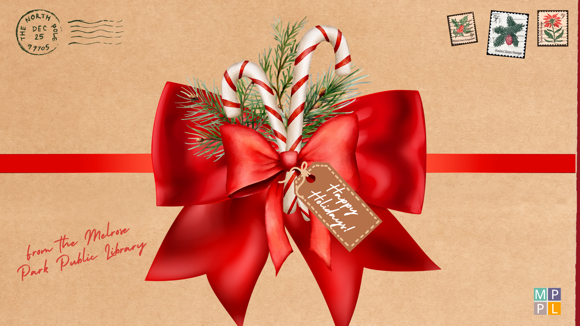 Brown Envelope with red bow and candy canes