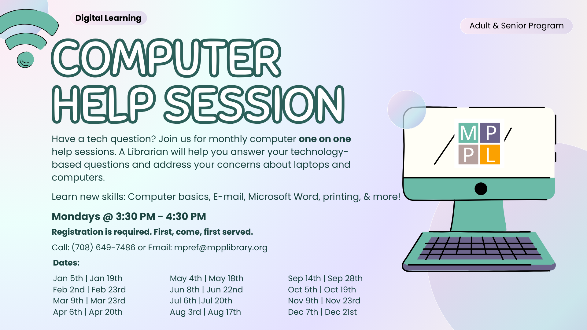 Teal Computer with Logo. Teal and Purple background.