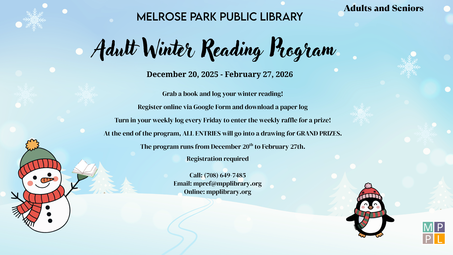 Winter Snow Landscape with Snowman and Penguin